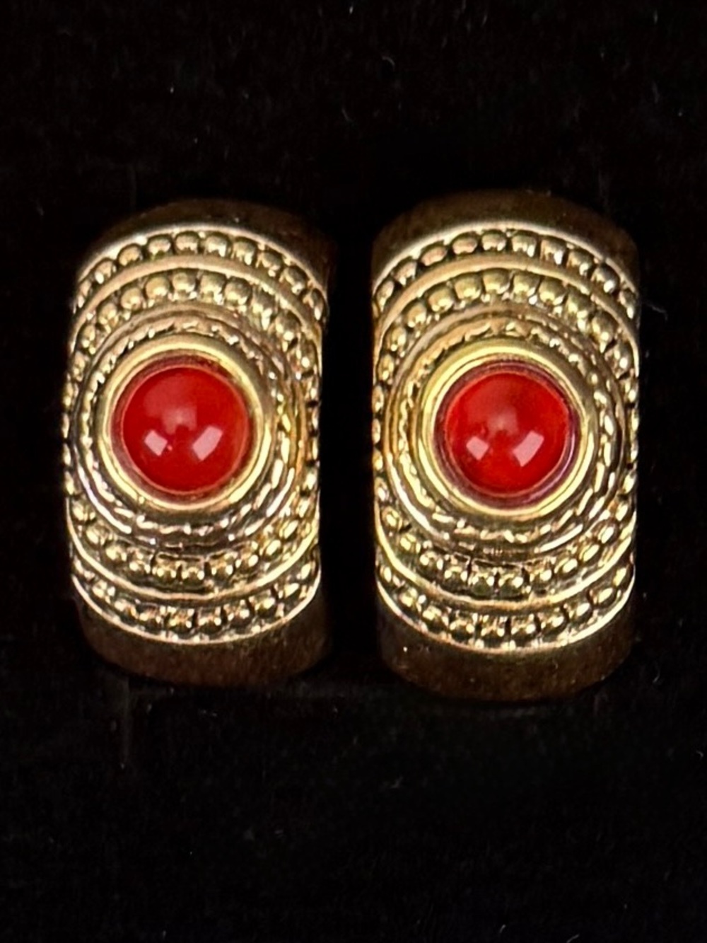 Vintage Roman Signed Goldtone Red Cabochon Weighted Pierced Earrings